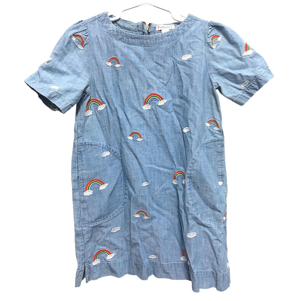 Crewcuts Rainbow Embroidered Chambray Blue‎ Shift Dress Pockets Size 6